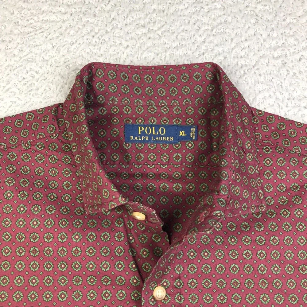 Polo Ralph Lauren Shirt Mens XL Burgundy Geometeric Cotton Button Up Long Sleeve